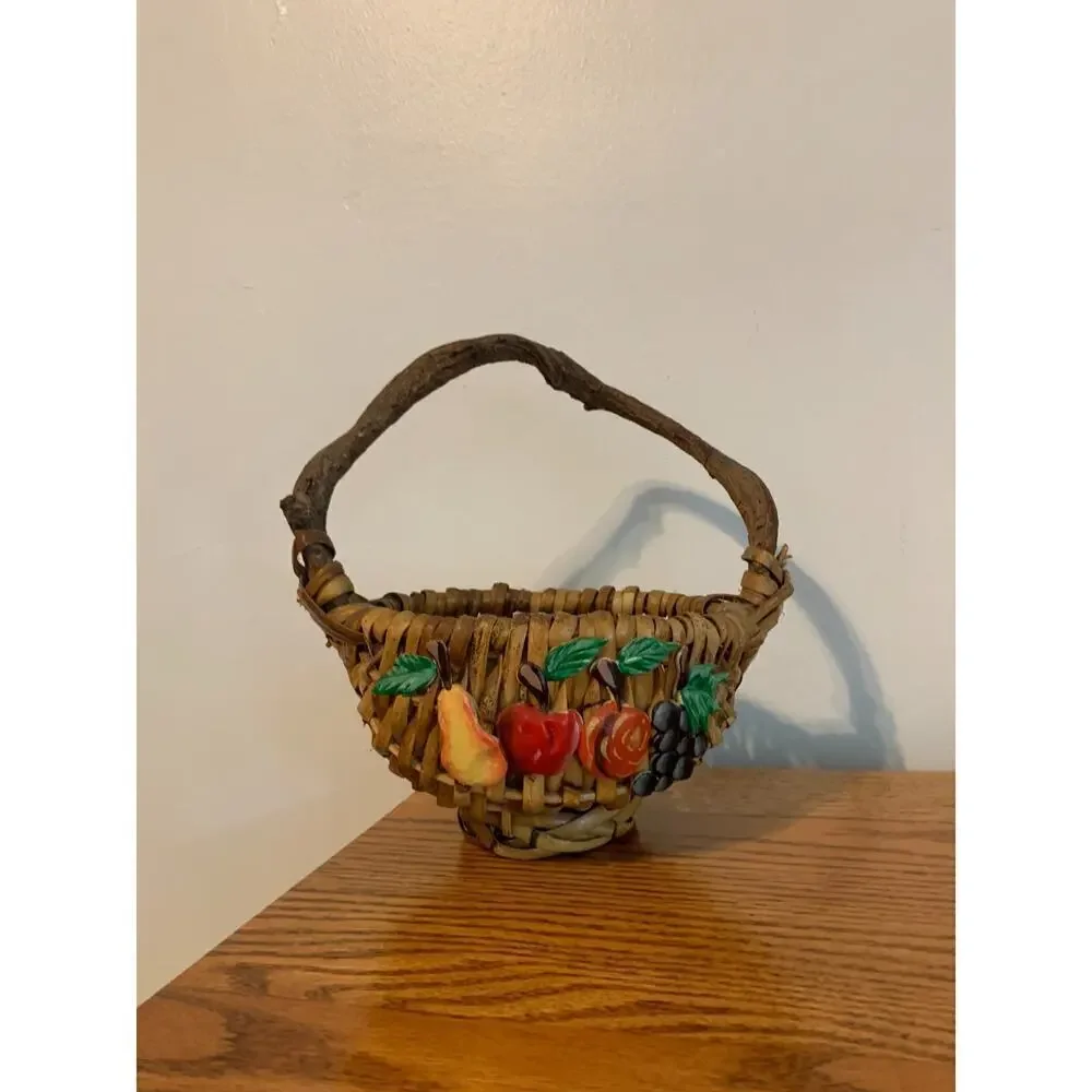 VTG Fruit Wicker Gathering Basket God's Eye Branch Handle Woven Hand Painted